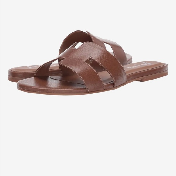 NWT French Sole Alibi Cognac Brown Leather with White Stitching Slide Sandals - Picture 1 of 12